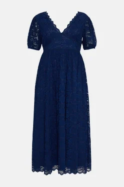 Sale Oasis Plus Size Lace Puff Sleeve V Neck Midaxi Dress Navy