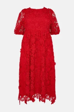 Hot Oasis Plus Size Lace Puff Sleeve Midi Dress Red