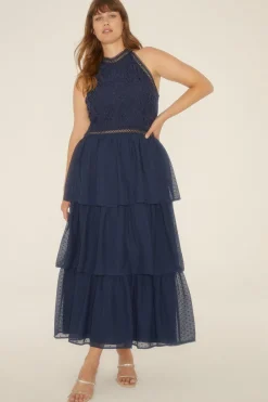 Best Oasis Plus Size Lace Tiered Halter Neck Dress Navy