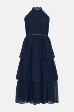 Best Oasis Plus Size Lace Tiered Halter Neck Dress Navy