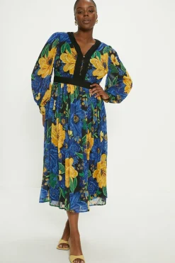 Discount Oasis Plus Size Large Floral Dobby V Neck Midi Dress Blue