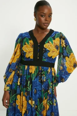 Discount Oasis Plus Size Large Floral Dobby V Neck Midi Dress Blue