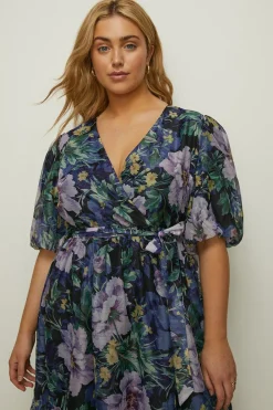 Hot Oasis Plus Size Lyanna Floral Organza Wrap Midi Dress Navy