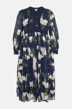 Hot Oasis Plus Size Magnolia Floral Dobby Lace V Neck Midi Dress Navy