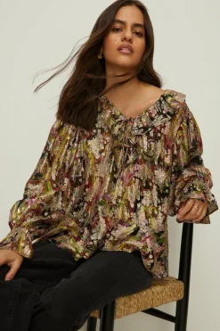 Hot Oasis Plus Size Metallic Paisley Printed Blouse Multi