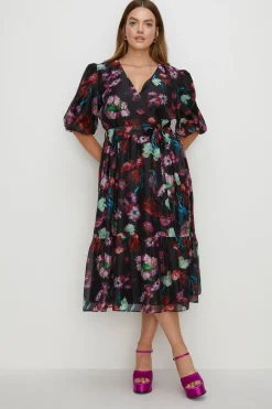 Best Oasis Plus Size Painted Floral Organza Wrap Dress Black