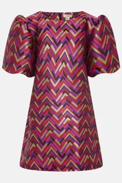 Hot Oasis Plus Size Patterned Jacquard Puff Sleeve Dress Pink