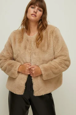 Fashion Oasis Plus Size Recycled Faux Fur Collarless Coat Camel