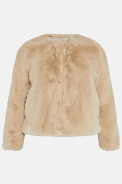 Fashion Oasis Plus Size Recycled Faux Fur Collarless Coat Camel