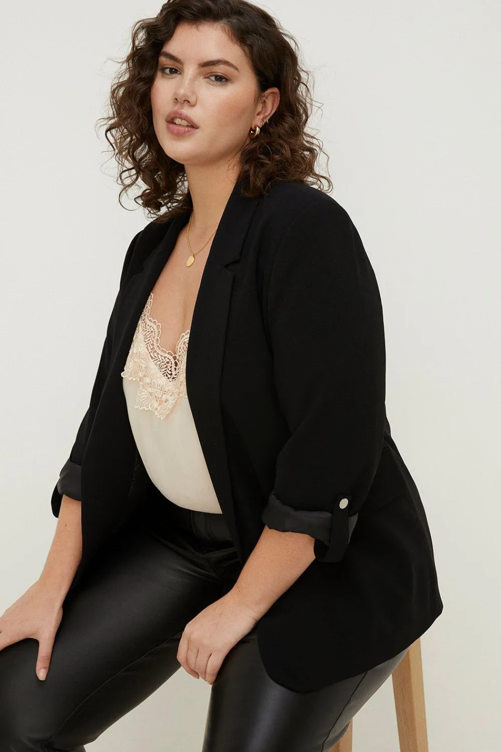 Hot Oasis Plus Size Roll Sleeve Tailored Blazer Black