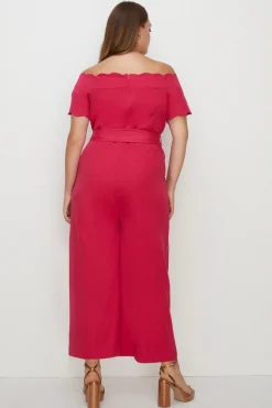 Hot Oasis Plus Size Scallop Belted Bardot Jumpsuit Pink