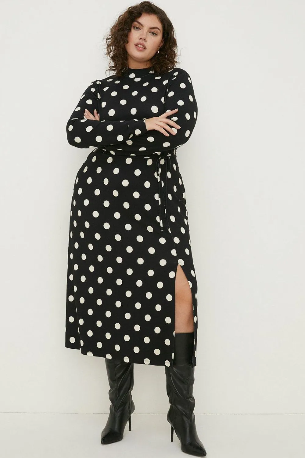 Hot Oasis Plus Size Spot Funnel Neck Belted Midi Black