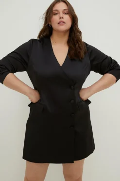 Fashion Oasis Plus Size Stretch Satin Tailored Blazer Dress Black