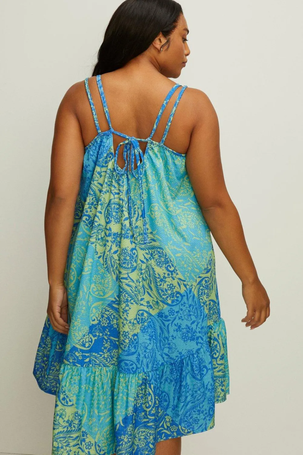 Sale Oasis Plus Size Textured Scarf Print Tie Back Mini Dress Blue