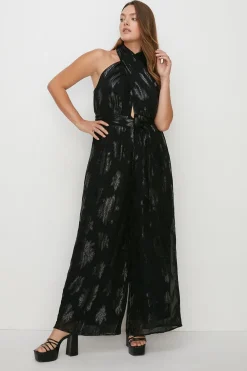 New Oasis Plus Size Tie Front Metallic Jumpsuit Black