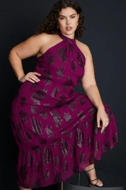 Hot Oasis Plus Size Tiered Halter Neck Metallic Dress Berry