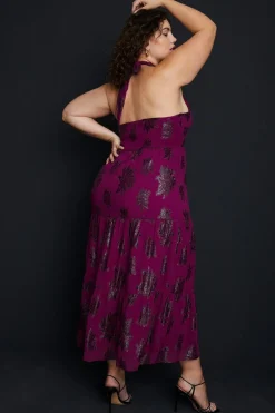 Hot Oasis Plus Size Tiered Halter Neck Metallic Dress Berry