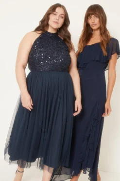 Outlet Oasis Plus Size Tonal Sequin Halterneck Midi Dress Navy