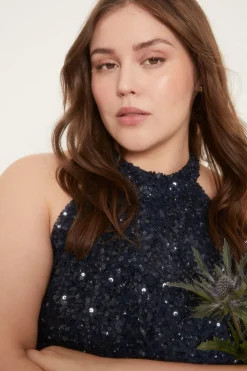 Outlet Oasis Plus Size Tonal Sequin Halterneck Midi Dress Navy