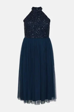 Outlet Oasis Plus Size Tonal Sequin Halterneck Midi Dress Navy