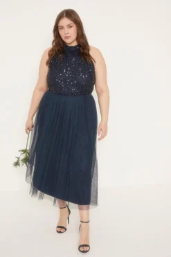 Outlet Oasis Plus Size Tonal Sequin Halterneck Midi Dress Navy