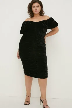 Fashion Oasis Plus Size Velvet Ruched Bardot Midi Dress Black