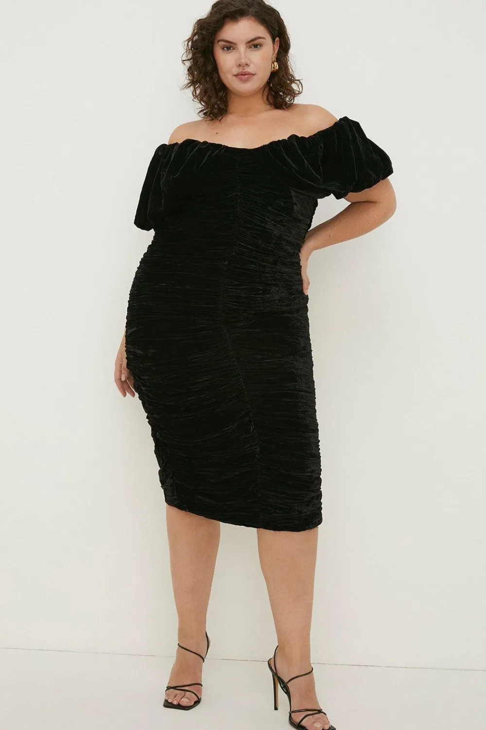 Fashion Oasis Plus Size Velvet Ruched Bardot Midi Dress Black