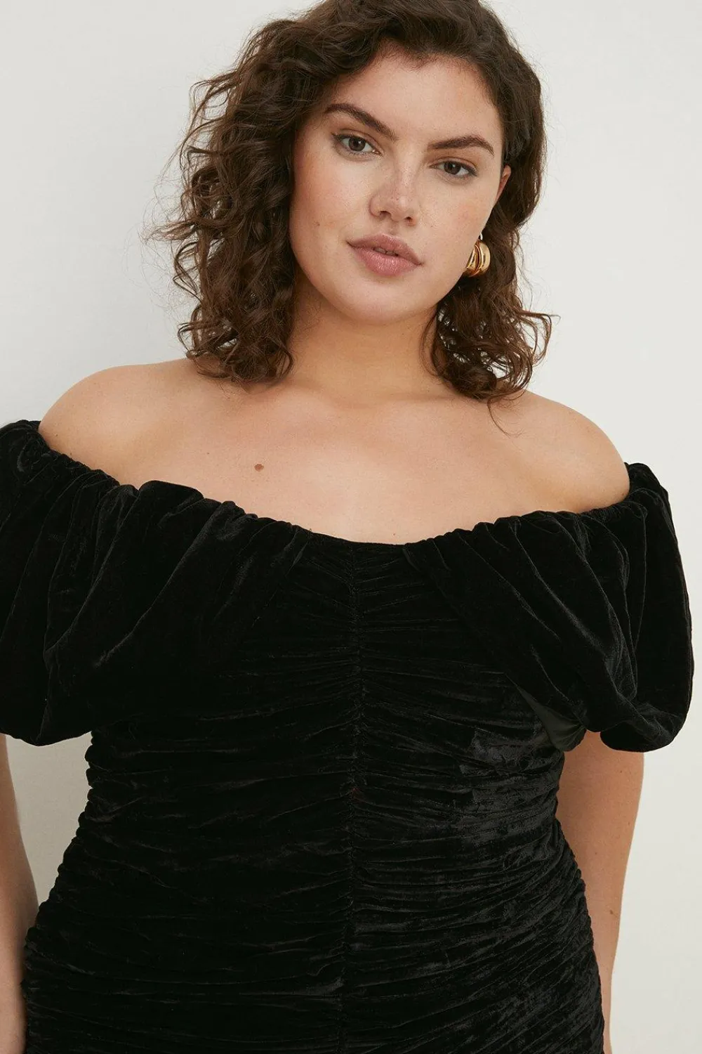 Fashion Oasis Plus Size Velvet Ruched Bardot Midi Dress Black