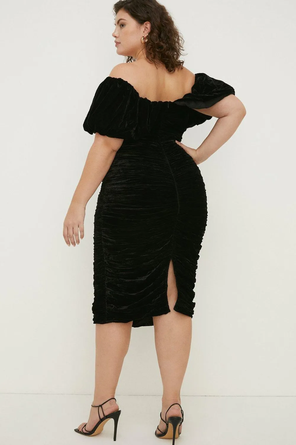 Fashion Oasis Plus Size Velvet Ruched Bardot Midi Dress Black