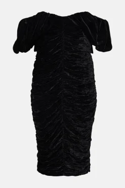 Fashion Oasis Plus Size Velvet Ruched Bardot Midi Dress Black