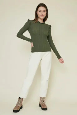 Sale Oasis Pointelle Frill Knit Jumper Green