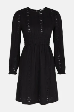 Hot Oasis Pointelle Shirred Cuff Skater Dress Rust