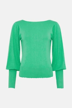 Online Oasis Pointelle Sleeve Tie Back Jumper Green