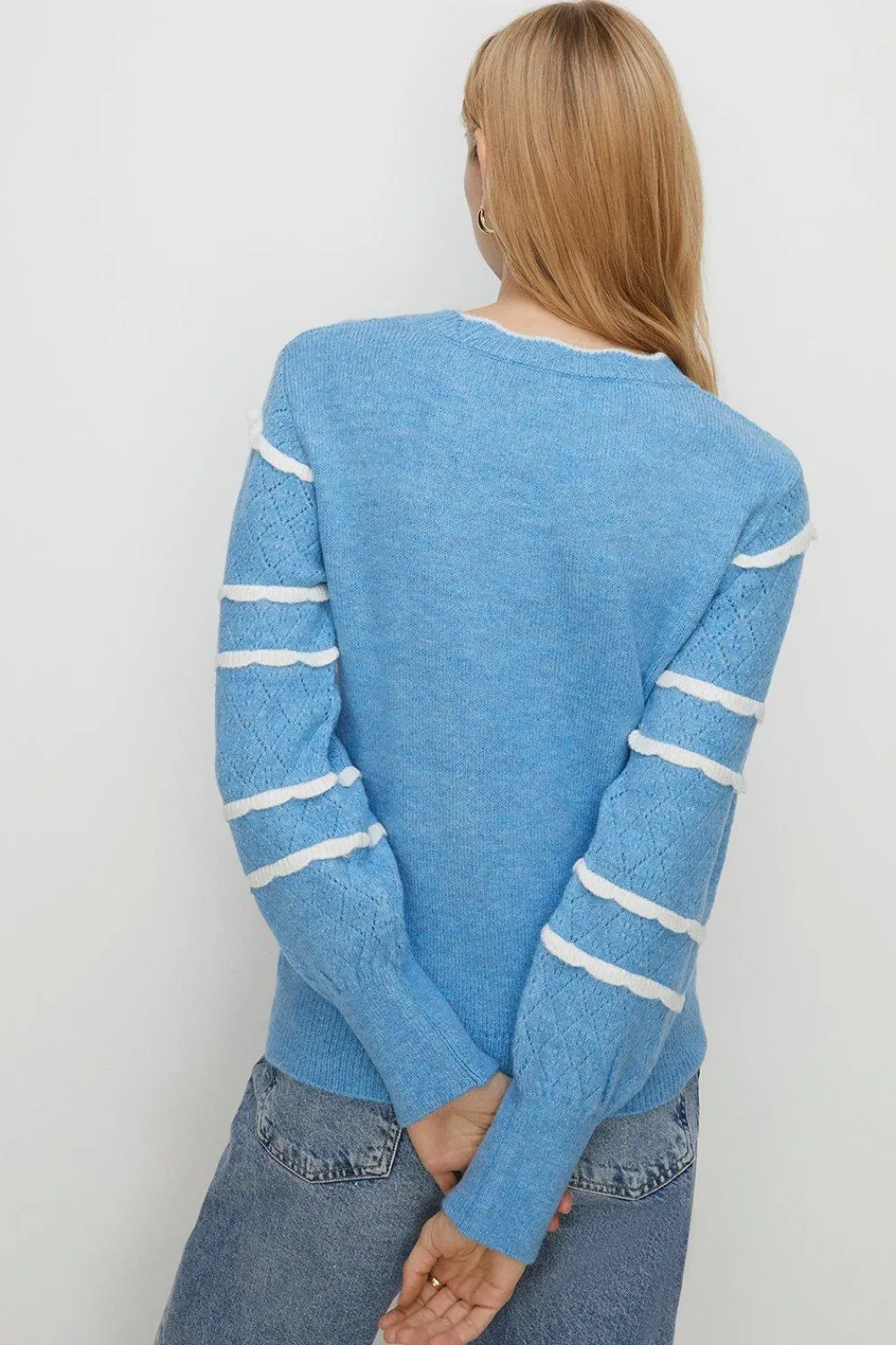 Clearance Oasis Pointelle Stitch Sleeve Tipped Cosy Jumper Ecru
