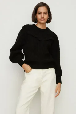 Fashion Oasis Pointelle Yoke Frill Detail Jumper Blue