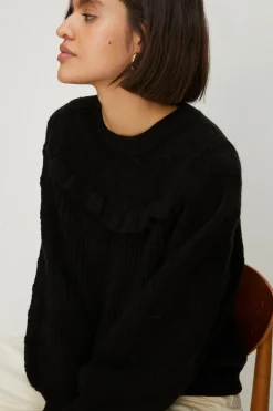 Fashion Oasis Pointelle Yoke Frill Detail Jumper Blue