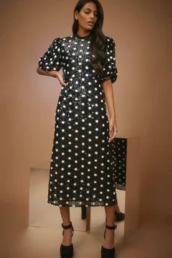 Online Oasis Polka Dot Sequin Puff Sleeve Midi Dress Mono