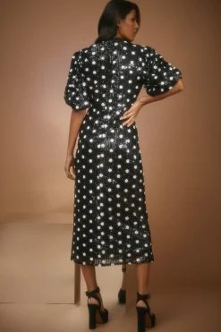 Online Oasis Polka Dot Sequin Puff Sleeve Midi Dress Mono