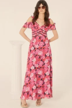 Online Oasis Pop Floral Frill Lace Trim Midaxi Dress Hot Pink