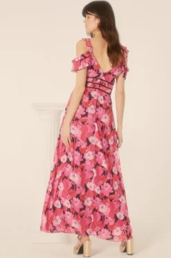Online Oasis Pop Floral Frill Lace Trim Midaxi Dress Hot Pink