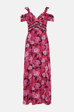 Online Oasis Pop Floral Frill Lace Trim Midaxi Dress Hot Pink