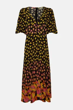 Clearance Oasis Poppy Border Printed V Plunge Midi Dress Orange