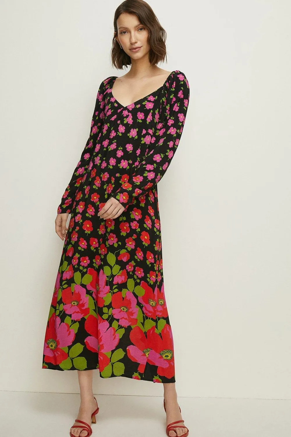 Best Oasis Poppy Border Printed Volume Sleeve Midi Dress Black