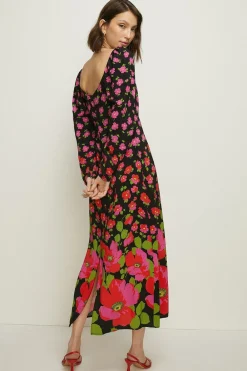 Best Oasis Poppy Border Printed Volume Sleeve Midi Dress Black