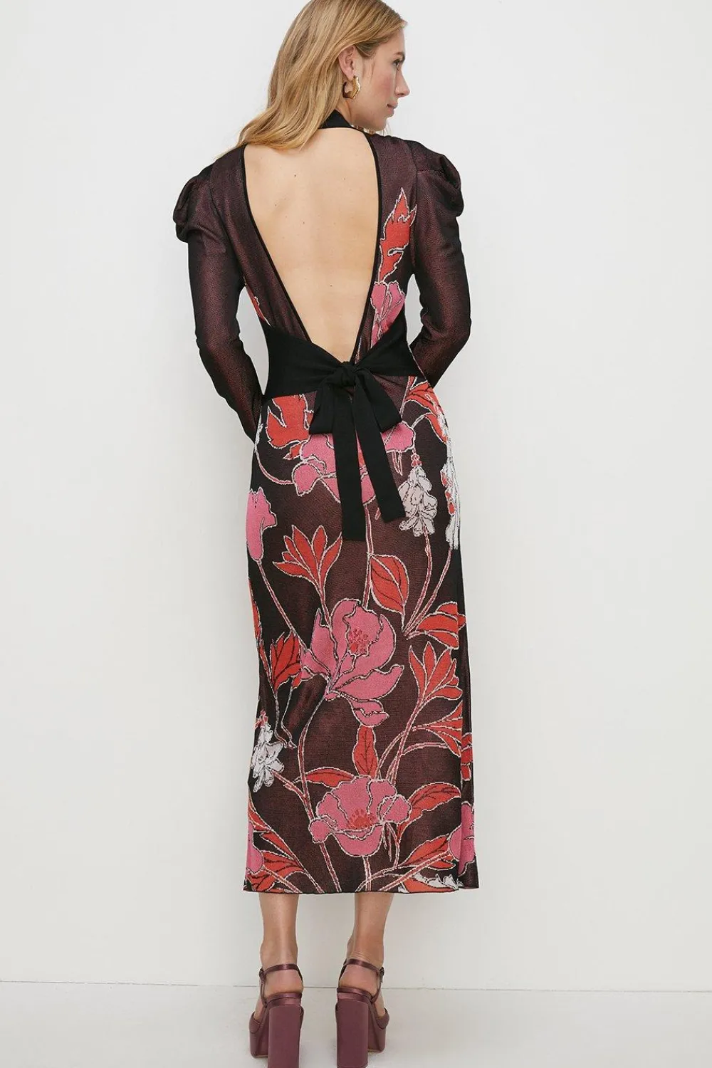 Clearance Oasis Poppy Jacquard Tie Back Midi Dress Black