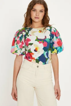 Sale Oasis Posey Floral Woven Mix Puff Sleeve Tshirt Multi