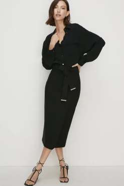Discount Oasis Premium Belted Wrap Over Midi Skirt Black