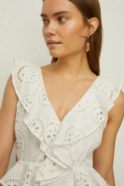 Hot Oasis Premium Broderie Frill Cut Out Skater Dress White