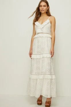 Outlet Oasis Premium Broderie V Neck Ruffle Midi Dress White