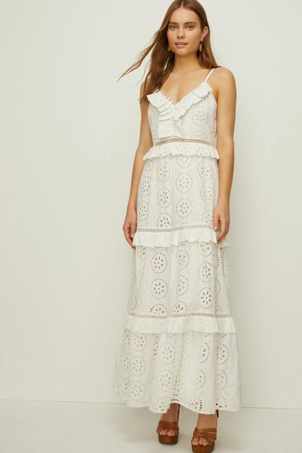Outlet Oasis Premium Broderie V Neck Ruffle Midi Dress White